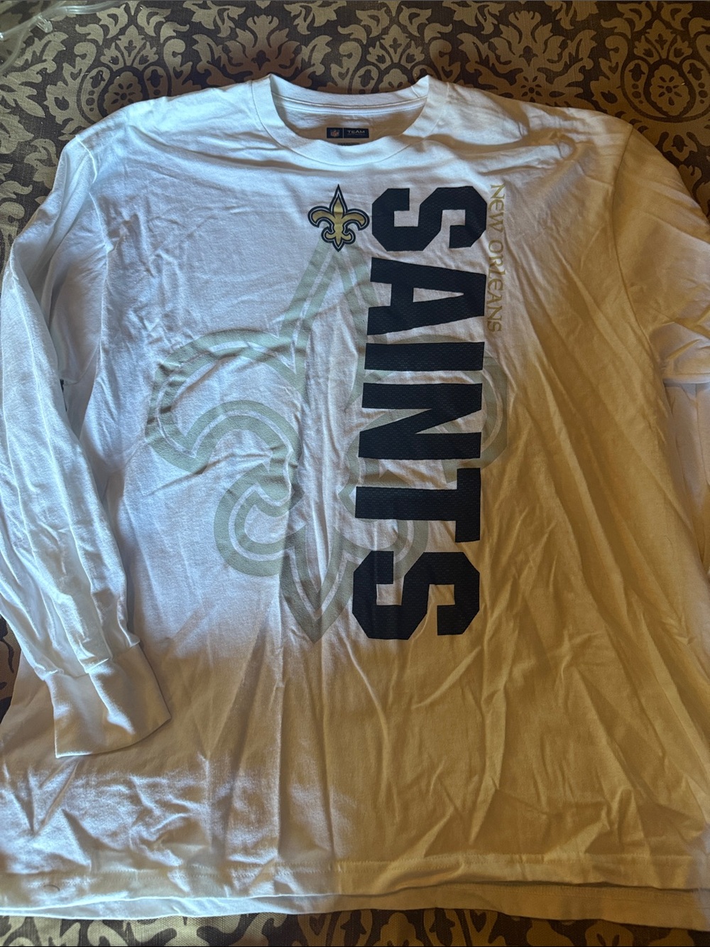 NFL White Long-Sleeve Saints Graphic Tee with Navy Lettering